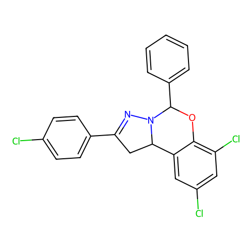 7,9-dichloro-2-(4-chlorophenyl)-5-phenyl-1,10b-dihydropyrazolo[1,5-c][1,3]benzoxazine structure