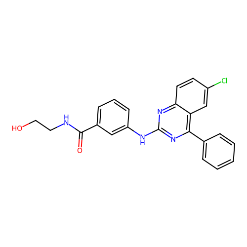 3-[(6-chloro-4-phenyl-2-quinazolinyl)amino]-N-(2-hydroxyethyl)benzamide structure
