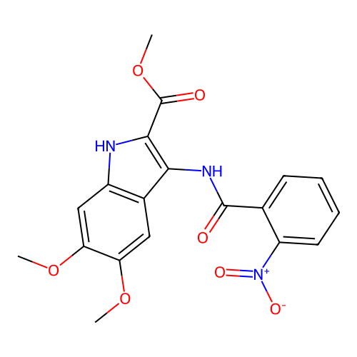 methyl 5,6-dimethoxy-3-{[(2-nitrophenyl)carbonyl]amino}-1H-indole-2-carboxylate structure