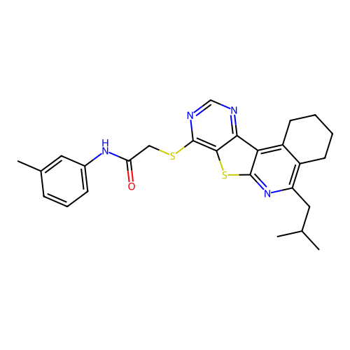 2-((5-isobutyl-1,2,3,4-tetrahydropyrimido[4',5':4,5]thieno[2,3-c]isoquinolin-8-yl)thio)-N-(m-tolyl)acetamide structure