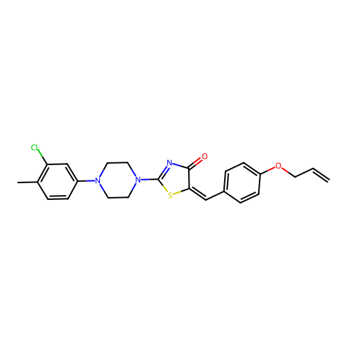 (5E)-2-[4-(3-chloro-4-methylphenyl)piperazin-1-yl]-5-[(4-prop-2-enoxyphenyl)methylidene]-1,3-thiazol-4-one structure