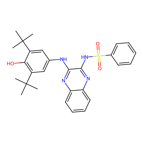 N-(3-((3,5-di-tert-butyl-4-hydroxyphenyl)amino)quinoxalin-2-yl)benzenesulfonamide structure