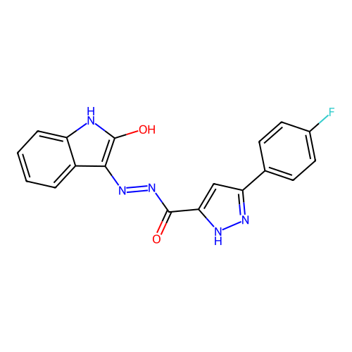 3-(4-fluorophenyl)-N''-(2-ketoindol-3-yl)-1H-pyrazole-5-carbohydrazide structure