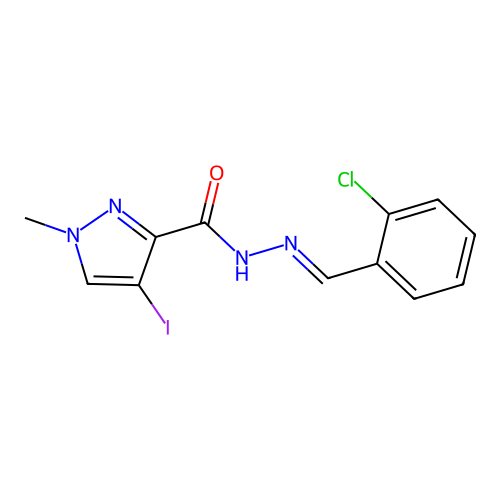(E)-N'-(2-chlorobenzylidene)-4-iodo-1-methyl-1H-pyrazole-3-carbohydrazide structure