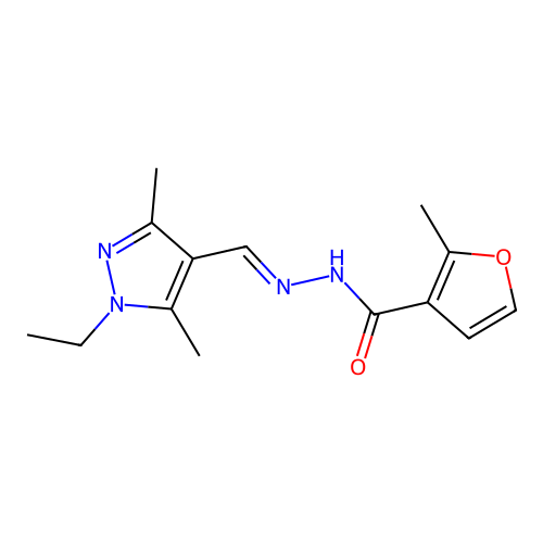 (E)-N'-((1-ethyl-3,5-dimethyl-1H-pyrazol-4-yl)methylene)-2-methylfuran-3-carbohydrazide structure