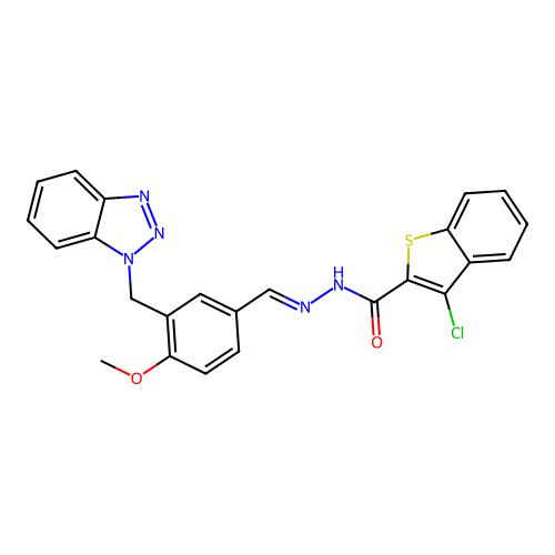 N'-(3-((1H-benzo[d][1,2,3]triazol-1-yl)methyl)-4-methoxybenzylidene)-3-chlorobenzo[b]thiophene-2-carbohydrazide structure