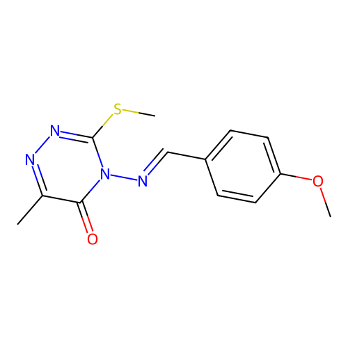 4-[(4-methoxybenzylidene)amino]-6-methyl-3-(methylsulfanyl)-1,2,4-triazin-5(4H)-one structure