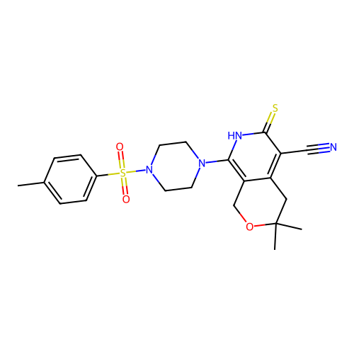 3,3-dimethyl-6-thioxo-8-(4-tosylpiperazin-1-yl)-3,4,6,7-tetrahydro-1H-pyrano[3,4-c]pyridine-5-carbonitrile structure