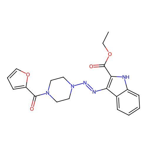 (E)-ethyl 3-((4-(furan-2-carbonyl)piperazin-1-yl)diazenyl)-1H-indole-2-carboxylate structure