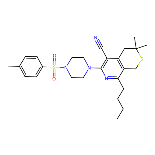 8-butyl-3,3-dimethyl-6-(4-tosylpiperazin-1-yl)-3,4-dihydro-1H-thiopyrano[3,4-c]pyridine-5-carbonitrile structure