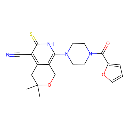 8-(4-(furan-2-carbonyl)piperazin-1-yl)-3,3-dimethyl-6-thioxo-3,4,6,7-tetrahydro-1H-pyrano[3,4-c]pyridine-5-carbonitrile structure