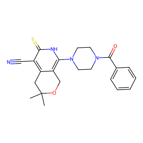 8-(4-benzoylpiperazin-1-yl)-3,3-dimethyl-6-thioxo-3,4,6,7-tetrahydro-1H-pyrano[3,4-c]pyridine-5-carbonitrile structure