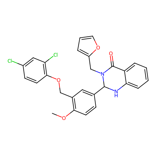 2-(3-((2,4-dichlorophenoxy)methyl)-4-methoxyphenyl)-3-(furan-2-ylmethyl)-2,3-dihydroquinazolin-4(1H)-one structure
