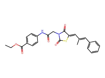 ethyl 4-[({(5Z)-5-[(2E)-2-methyl-3-phenylprop-2-en-1-ylidene]-2,4-dioxo-1,3-thiazolidin-3-yl}acetyl)amino]benzoate structure