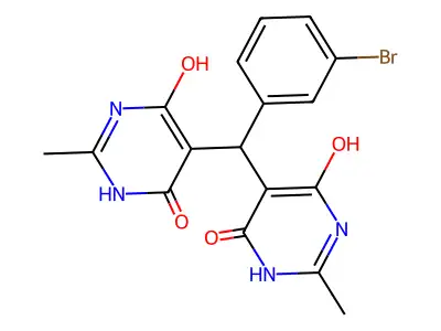 5,5'-[(3-bromophenyl)methanediyl]bis(6-hydroxy-2-methylpyrimidin-4(3H)-one) structure