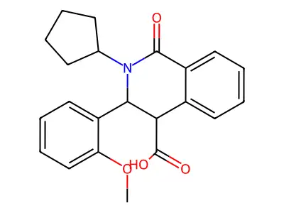 2-cyclopentyl-3-(2-methoxyphenyl)-1-oxo-1,2,3,4-tetrahydro-4-isoquinolinecarboxylic acid structure