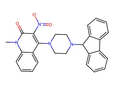 4-[4-(9H-fluoren-9-yl)piperazin-1-yl]-1-methyl-3-nitroquinolin-2(1H)-one structure