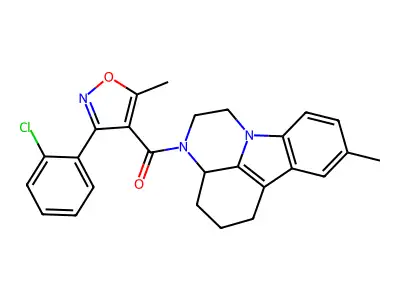 (3-(2-chlorophenyl)-5-methylisoxazol-4-yl)(8-methyl-3a,4,5,6-tetrahydro-1H-pyrazino[3,2,1-jk]carbazol-3(2H)-yl)methanone structure