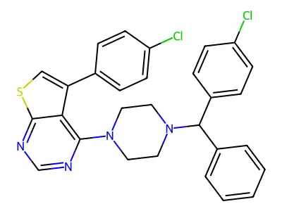 5-(4-chlorophenyl)-4-{4-[(4-chlorophenyl)(phenyl)methyl]piperazin-1-yl}thieno[2,3-d]pyrimidine structure