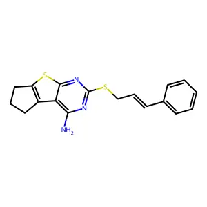 2-(cinnamylthio)-6,7-dihydro-5H-cyclopenta[4,5]thieno[2,3-d]pyrimidin-4-amine structure