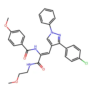 N-{(1Z)-1-[3-(4-chlorophenyl)-1-phenyl-1H-pyrazol-4-yl]-3-[(2-methoxyethyl)amino]-3-oxoprop-1-en-2-yl}-4-methoxybenzamide structure
