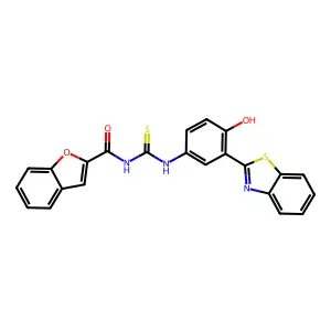 N-((3-(benzo[d]thiazol-2-yl)-4-hydroxyphenyl)carbamothioyl)benzofuran-2-carboxamide structure