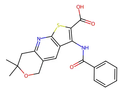 3-benzamido-7,7-dimethyl-7,8-dihydro-5H-pyrano[4,3-b]thieno[3,2-e]pyridine-2-carboxylic acid structure