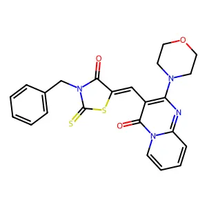 3-[(Z)-(3-benzyl-4-oxo-2-thioxo-1,3-thiazolidin-5-ylidene)methyl]-2-(morpholin-4-yl)-4H-pyrido[1,2-a]pyrimidin-4-one structure