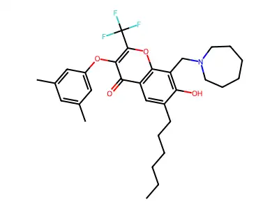 8-(1-azepanylmethyl)-3-(3,5-dimethylphenoxy)-6-hexyl-7-hydroxy-2-(trifluoromethyl)-4H-chromen-4-one structure