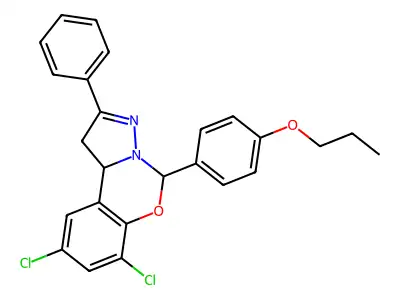 7,9-dichloro-2-phenyl-5-(4-propoxyphenyl)-1,10b-dihydropyrazolo[1,5-c][1,3]benzoxazine structure