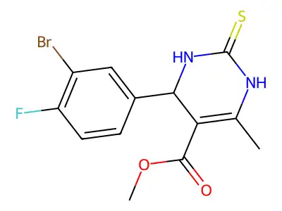 methyl 4-(3-bromo-4-fluorophenyl)-6-methyl-2-thioxo-1,2,3,4-tetrahydropyrimidine-5-carboxylate structure