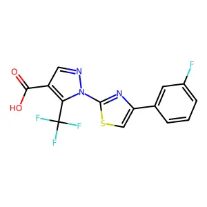 1-[4-(3-fluorophenyl)-1,3-thiazol-2-yl]-5-(trifluoromethyl)-1H-pyrazole-4-carboxylic acid structure