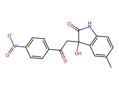 3-hydroxy-5-methyl-3-[2-(4-nitrophenyl)-2-oxoethyl]-1,3-dihydro-2H-indol-2-one structure