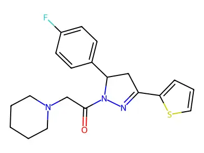 1-(5-(4-fluorophenyl)-3-(thiophen-2-yl)-4,5-dihydro-1H-pyrazol-1-yl)-2-(piperidin-1-yl)ethanone structure