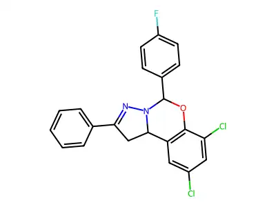 7,9-dichloro-5-(4-fluorophenyl)-2-phenyl-1,10b-dihydropyrazolo[1,5-c][1,3]benzoxazine structure