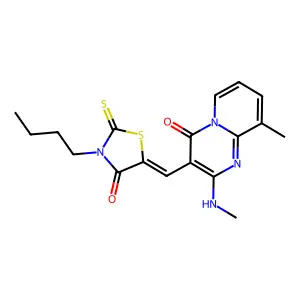 (Z)-3-butyl-5-((9-methyl-2-(methylamino)-4-oxo-4H-pyrido[1,2-a]pyrimidin-3-yl)methylene)-2-thioxothiazolidin-4-one structure