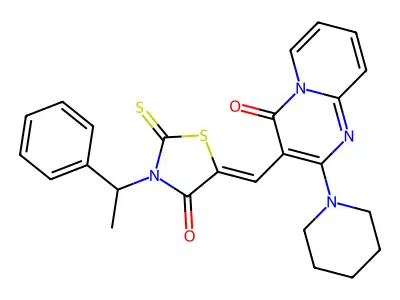 3-{(Z)-[4-oxo-3-(1-phenylethyl)-2-thioxo-1,3-thiazolidin-5-ylidene]methyl}-2-(piperidin-1-yl)-4H-pyrido[1,2-a]pyrimidin-4-one structure