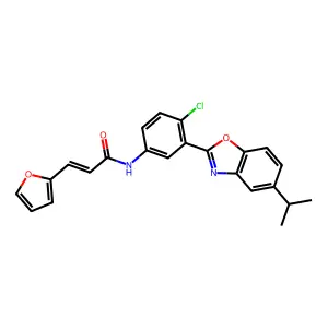 (E)-N-[4-chloro-3-(5-propan-2-yl-1,3-benzoxazol-2-yl)phenyl]-3-(furan-2-yl)prop-2-enamide structure