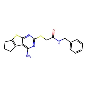 2-((4-amino-6,7-dihydro-5H-cyclopenta[4,5]thieno[2,3-d]pyrimidin-2-yl)thio)-N-benzylacetamide structure