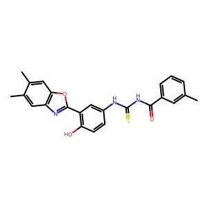 N-[3-(5,6-dimethyl-1,3-benzoxazol-2-yl)-4-hydroxyphenyl]-N'-(3-methylbenzoyl)thiourea structure