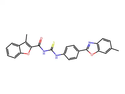 3-methyl-N-{[4-(6-methyl-1,3-benzoxazol-2-yl)phenyl]carbamothioyl}-1-benzofuran-2-carboxamide structure