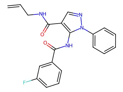 5-[(3-fluorobenzoyl)amino]-1-phenyl-N-prop-2-enylpyrazole-4-carboxamide structure