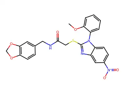 N-(1,3-benzodioxol-5-ylmethyl)-2-[1-(2-methoxyphenyl)-5-nitrobenzimidazol-2-yl]sulfanylacetamide structure