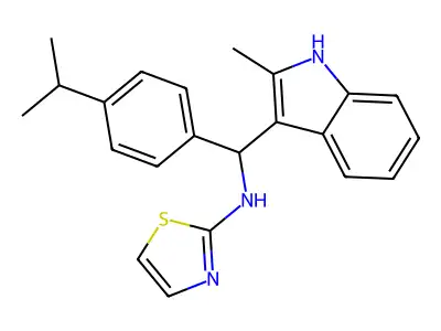 N-((4-isopropylphenyl)(2-methyl-1H-indol-3-yl)methyl)thiazol-2-amine structure