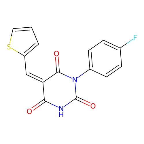 1-(4-fluorophenyl)-5-(thiophen-2-ylmethylene)pyrimidine-2,4,6(1H,3H,5H)-trione structure