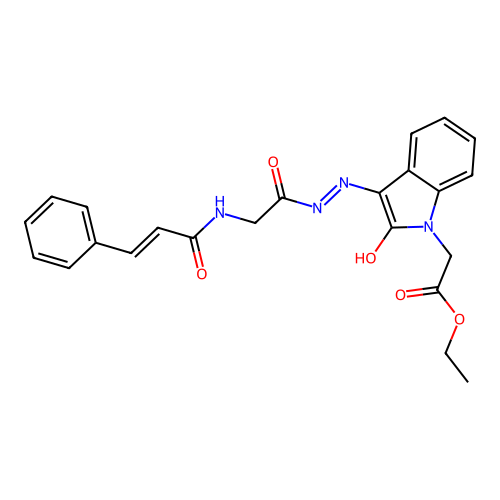 ethyl 2-((Z)-3-(2-(2-cinnamamidoacetyl)hydrazono)-2-oxoindolin-1-yl)acetate structure