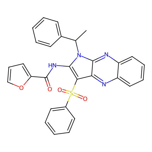 N-[1-(1-phenylethyl)-3-(phenylsulfonyl)-1H-pyrrolo[2,3-b]quinoxalin-2-yl]-2-furamide structure