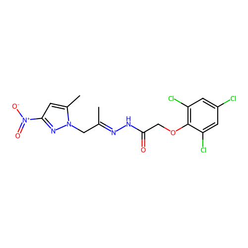 (2,4,6-Trichloro-phenoxy)-acetic acid [1-methyl-2-(5-methyl-3-nitro-pyrazol-1-yl)-eth-(E)-ylidene]-hydrazide structure