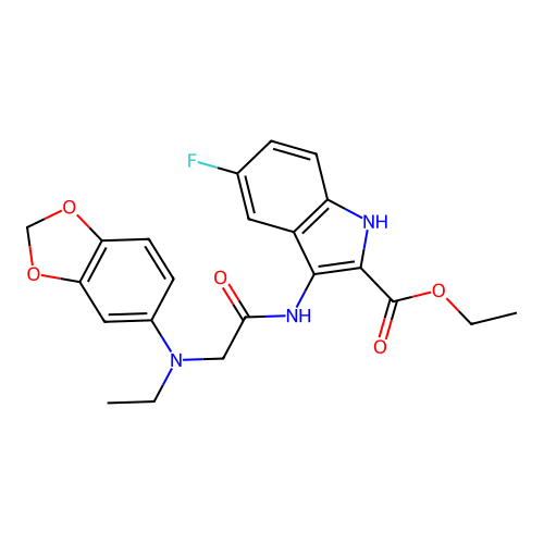 ethyl 3-{[N-(1,3-benzodioxol-5-yl)-N-ethylglycyl]amino}-5-fluoro-1H-indole-2-carboxylate structure