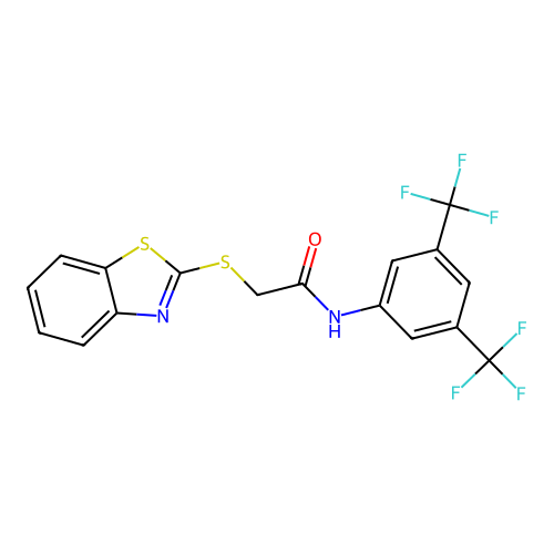 2-(1,3-benzothiazol-2-ylsulfanyl)-N-[3,5-bis(trifluoromethyl)phenyl]acetamide structure